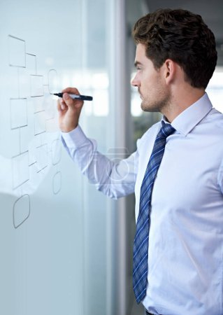 Photo for Mapping out a new corporate strategy. Side view of a businessman drawing a diagram on a glass wall - Royalty Free Image