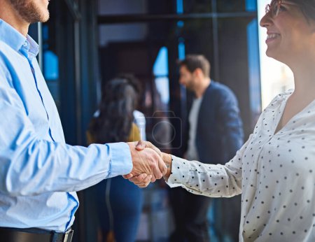 Handshake, business people in meeting and partnership, trust in team and onboarding or hiring. Professional agreement, deal and collaboration with man and woman shaking hands, teamwork and thank you.
