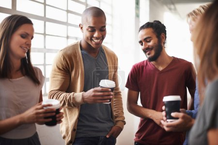 Photo for Coffee, talking and friends or happy students in a hallway for discussion, happiness or drink. Group of diversity men and women at campus or university for chat or conversation about education career. - Royalty Free Image
