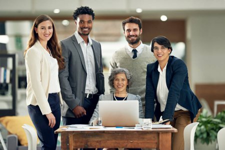 Photo for Portrait, teamwork or happy business people in meeting for ideas, strategy or planning a startup company. CEO, laptop or employees smiling with leadership or group support for a vision in office. - Royalty Free Image