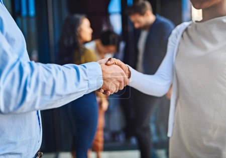 Photo for Handshake, business people in collaboration and partnership, trust in team and onboarding or hiring. Professional agreement, deal and contract with man and woman shaking hands, teamwork and thank you. - Royalty Free Image