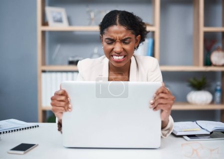 Photo for Angry woman, frustrated with laptop glitch and stress, 404 and error with connectivity or software problem. Burnout, overworked and technology fail with professional female person in crisis in office. - Royalty Free Image