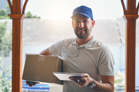 Photo for Happy delivery man, box and tablet in logistics, ecommerce or courier service at front door. Portrait of male person smiling with package, carrier or cargo for online purchase, order or transport. - Royalty Free Image