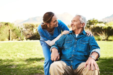 Photo for Senior man, nurse and wheelchair for life insurance, healthcare support or garden at nursing home. Happy elderly male and woman caregiver helping patient or person with a disability in the outdoors. - Royalty Free Image