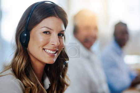 Photo for Portrait, contact us or happy woman in call center consulting, speaking or talking at customer services. Virtual assistant, friendly face or consultant in telemarketing or telecom company help desk. - Royalty Free Image