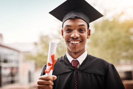 Photo for Graduation, black man and portrait of a university student with a diploma and happiness outdoor. Male person happy to celebrate college achievement, education success and future at school event. - Royalty Free Image