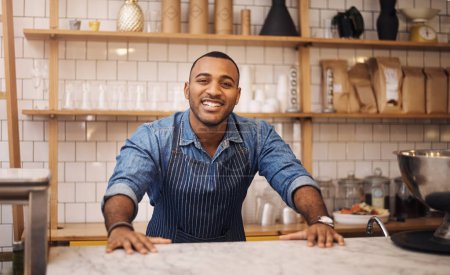 Photo for Coffee shop, happy and portrait of black man in restaurant for service, working and welcome in cafe. Small business owner, barista startup and male waiter smile in cafeteria ready to serve by counter. - Royalty Free Image