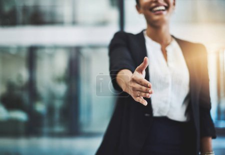 Photo for Hiring, closeup or happy woman shaking hands in b2b meeting for project or contract agreement. Leader, handshake zoom or worker with job promotion, business deal negotiation or partnership in office. - Royalty Free Image