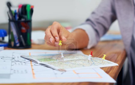 Photo for Travel agency, map pin and woman hands planning sightseeing destination, holiday location or transport route. Vacation, office agent or closeup person with world, global or international tourism plan. - Royalty Free Image