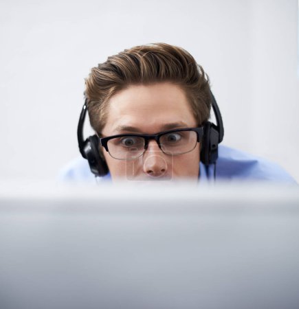 Photo for Office computer, face and man reading script, software code or problem solving cyber security system. Information technology, cybersecurity developer or closeup person listening to music while coding. - Royalty Free Image