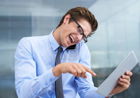 Photo for Phone call, tablet and laughing business man reading funny meme, corporate joke or news article story. Cellphone communication, pointing and talking person laugh at online web info, media or email. - Royalty Free Image