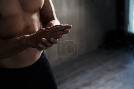 Photo for Training, gym motivation hands of man ready for mockup performance challenge, athlete commitment or bodybuilding. Fitness mock up, health mindset and determined person prepare for exercise workout. - Royalty Free Image