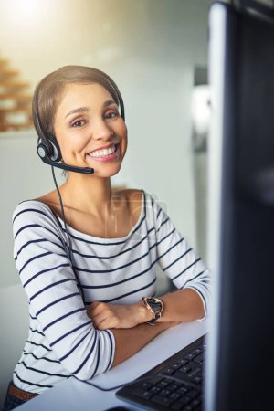 Photo for Call center, customer support and portrait of happy woman on computer for consulting, help and advice. Telemarketing, communication and female consultant for contact, crm service or network in office. - Royalty Free Image