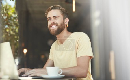 Photo for Coffee shop laptop, typing and happy man think of freelance blog inspiration, online retail review or cafe idea. Thinking, restaurant and small business owner, customer or person smile for store plan. - Royalty Free Image