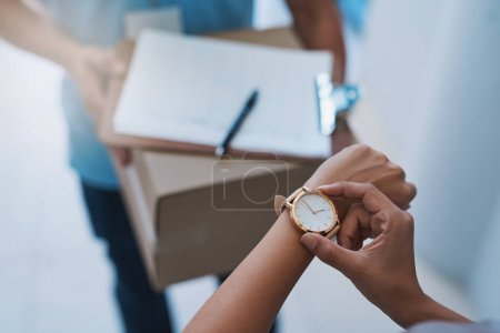 Photo for Watch, late and delivery with a customer checking the time for service delivery of a courier company. Logistics, ecommerce and retail with a consumer timing the shipping of an online shopping product. - Royalty Free Image