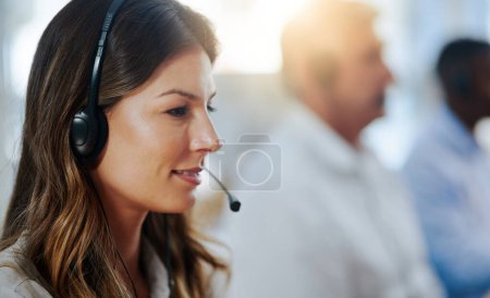 Photo for Virtual assistant, contact us or woman in call center consulting, speaking or talking at customer services. Communication, mic or happy sales consultant in telemarketing or telecom company help desk. - Royalty Free Image