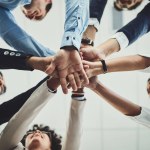 Hands together, business people and solidarity with low angle, support and team huddle with collaboration. Group of employees working in office, teamwork and mission with workforce and hand stack.