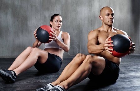 Photo for Medicine ball, health and fitness people doing bodybuilding workout, core muscle strength and gym performance. Exercise commitment, athlete teamwork and strong team exercising for active lifestyle. - Royalty Free Image