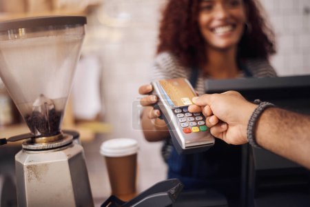 Photo for Credit card, nfc and hands of customer in cafe for b2c shopping, point of sale transaction or finance. Closeup, pos machine and contactless payment, rfid and money in coffee shop, restaurant or store. - Royalty Free Image