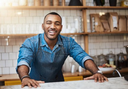 Photo for Coffee shop, barista and happy portrait of black man in restaurant for service, working and welcome in cafe. Small business owner, bistro startup and male entrepreneur smile by counter ready to serve. - Royalty Free Image