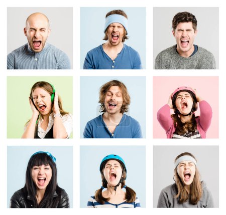 Photo for Sometimes, you just need to scream. Collaged shot of a diverse group of people standing in the studio and posing with their mouths open - Royalty Free Image