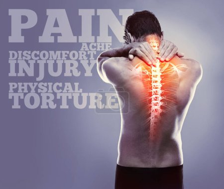 Photo for Man, back pain and red glow in studio with spine, injury and stress at workout, exercise or training. Guy, model and banner with text for emergency, accident and skeleton overlay by gray background. - Royalty Free Image