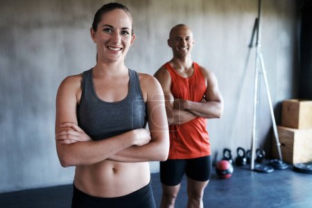 Photo for Exercise portrait, arms crossed or people happy for health goals success, fitness studio progress or gym training. Motivation, cardio collaboration or healthy man, woman or confident people smile. - Royalty Free Image