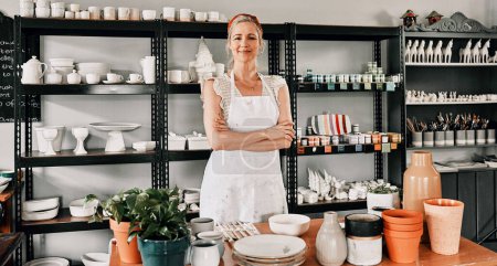 Photo for Happy woman, portrait and pottery with arms crossed in small business confidence for crafting in retail store. Confident female person, ceramic designer or owner smiling for craft or creative startup. - Royalty Free Image