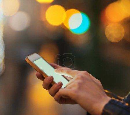 Photo for Hands, bokeh and phone screen in city, internet scroll and web browsing at night mockup space. Cellphone, hand closeup and woman networking, online social media and typing on mobile app for email - Royalty Free Image