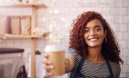 Photo for Portrait of happy woman, waitress service and coffee cup in cafeteria, restaurant shop and small business. Female barista, server and giving cappuccino, drinks and order with smile in food industry. - Royalty Free Image
