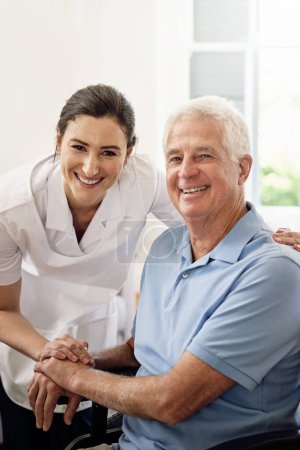 Photo for Portrait, nurse and man in wheelchair with a disability, medical wellness and support in nursing home. Happy caregiver caring for senior patient with chronic health condition in rehabilitation clinic. - Royalty Free Image