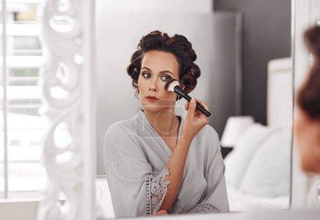 Photo for Beauty brush, mirror reflection and woman with cosmetics application, natural skincare glow or luxury facial makeup. Wellness, skin foundation treatment and person prepare for wedding in home bedroom. - Royalty Free Image