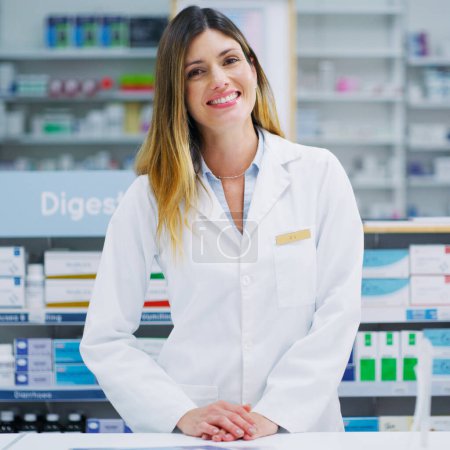 Pharmacy service, pharmacist portrait and happy woman in drugs store, pharmaceutical supplements or healthcare shop. Hospital dispensary, medicine product shelf and medical person for clinic services.