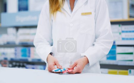 Photo for Pharmacy hands, pharmacist pills and woman choice, decision and comparison of drugs store pharmaceutical. Hospital retail dispensary, medicine product and medical person with prescription supplements. - Royalty Free Image