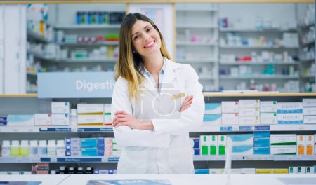Photo for Pharmacy portrait, arms crossed and happy woman, pharmacist or manager in drugs store, dispensary or shop. Hospital dispensary, medicine product shelf and person confident in retail clinic service. - Royalty Free Image