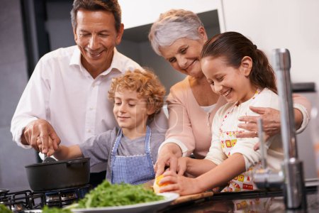 Photo for Help, happy kids or grandparents teaching cooking skills for a healthy dinner with vegetables diet at home. Learning, children siblings helping or grandmother with old man or food meal in kitchen. - Royalty Free Image