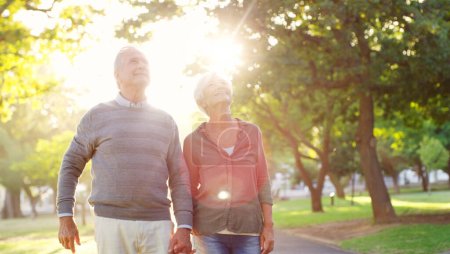 Téléchargez les photos : Couple de personnes âgées, tenant la main et marchant en plein air dans un parc avec amour, soin et soutien. Un homme et une femme âgés dans la nature pour une promenade, un temps de qualité et l'espoir d'un mariage ou d'une retraite en bonne santé. - en image libre de droit