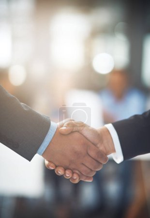 Photo for Business people, handshake and closeup in office for partnership, introduction and team collaboration. Employees shaking hands in support, success and networking for opportunity, trust and thank you. - Royalty Free Image