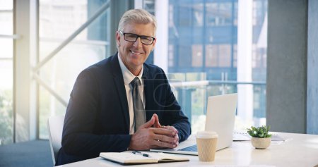Photo for Businessman smile, portrait and in an office with a laptop for communication and connectivity. Corporate, company and a manager or boss of an agency with a pc for networking and internet at work. - Royalty Free Image