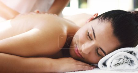 Photo for Woman, relax and sleeping in back massage at spa for healthy wellness, skincare or stress relief at a resort. Calm female person relaxing asleep in peaceful zen or luxury body treatment at the salon. - Royalty Free Image