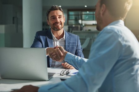 Photo for Business people, handshake and interview success or recruitment, employment and hiring in office. Corporate, men and executive shaking hands with new employee or collaboration on deal or partnership. - Royalty Free Image