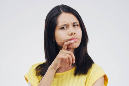 Photo for Mockup space, portrait of woman and thinking against a white background. Remember, solution planning for decision and isolated female person face with her problem solving against a studio backdrop - Royalty Free Image