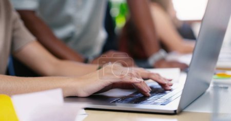 Photo for Laptop, hands and closeup of woman typing while working on a corporate project in the office. Technology, professional and female employee doing research on a computer with a keyboard in workplace - Royalty Free Image