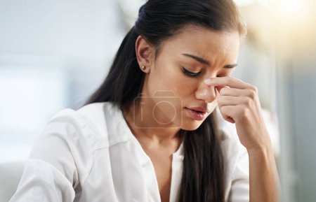 Photo for Business, burnout or woman with headache, stress or tired in office with fatigue, anxiety or depression. Depressed employee, sad female consultant or person frustrated with migraine pain in workplace. - Royalty Free Image