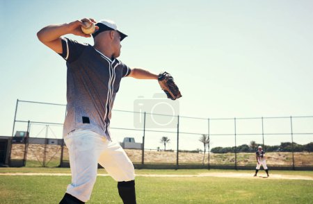 Photo for Pitch, sports and training with man on baseball field for competition, performance and games. Action, exercise and championship with athlete throwing in stadium park for fitness, practice and club. - Royalty Free Image