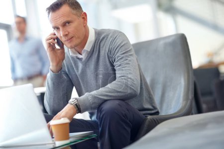 Photo for Phone call, travel and business man in airport on laptop for conversation, discussion and planning. Corporate, trip and portrait of manager on smartphone for networking, b2b communication and meeting. - Royalty Free Image