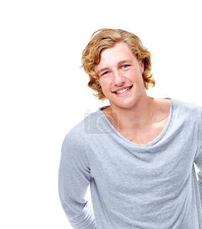 Photo for Fashion, happy and portrait of man with smile for confidence, attractive and pride on white background. Studio, confident and face of isolated handsome young male person with trendy casual clothes. - Royalty Free Image