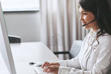 Photo for Business woman, computer and telemarketing employee with a smile and help on a crm call. Call center, customer service and young female person working on a web support consultation with happiness. - Royalty Free Image