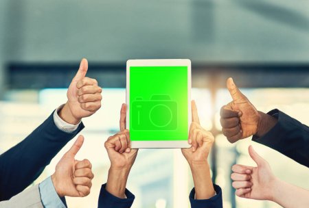 Photo for Green screen, thumbs up and hands of business people on tablet for website, contact us and internet app. Mockup screen, digital tech and workers with like and approval for advertising and promotion. - Royalty Free Image