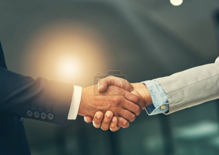 Handshake, agreement and hands of business men in office for partnership, recruitment deal and thank you. Corporate, collaboration and male workers shaking hand for onboarding, support and teamwork.